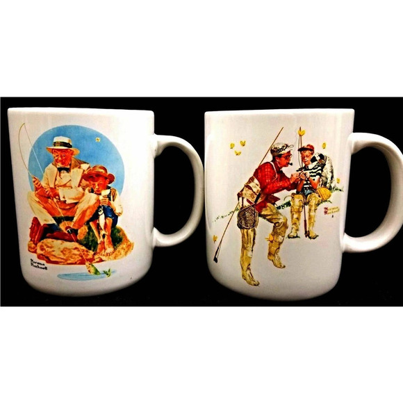 Norman Rockwell 1987 Coffee Cup Mug Pair "Catching the Big One" & Trout Dinner" - Picture 1 of 8